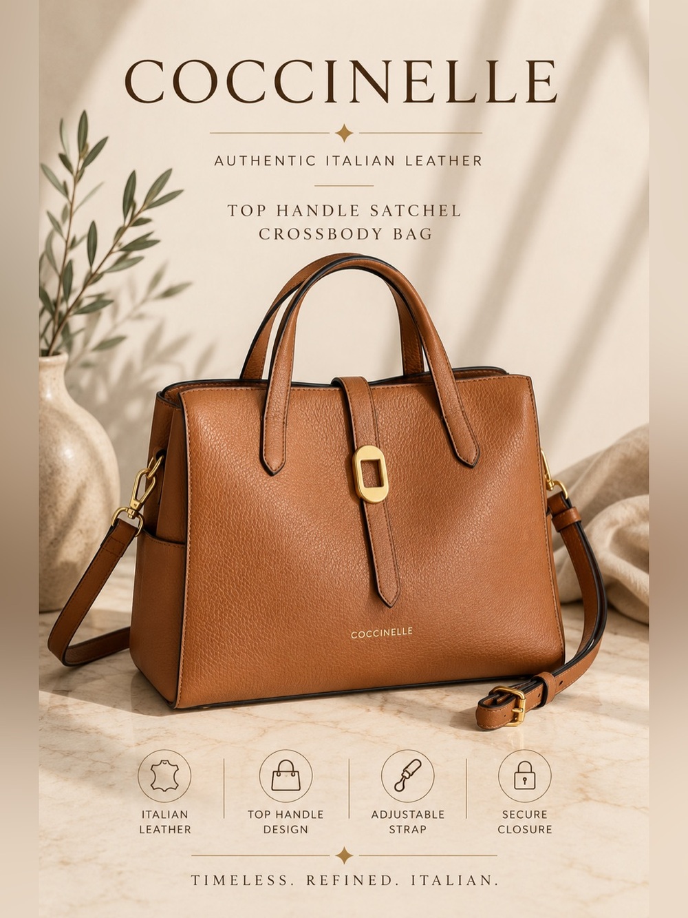 Coccinelle Authentic Italian Leather Top Handle Satchel Crossbody Bag Cognac